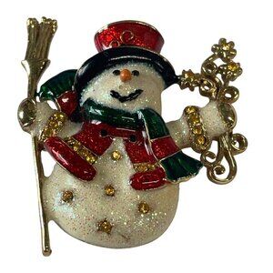 Vintage‎ Best Gold-Tone Enamel Glitter Snowman Brooch Pin Red Green Accents